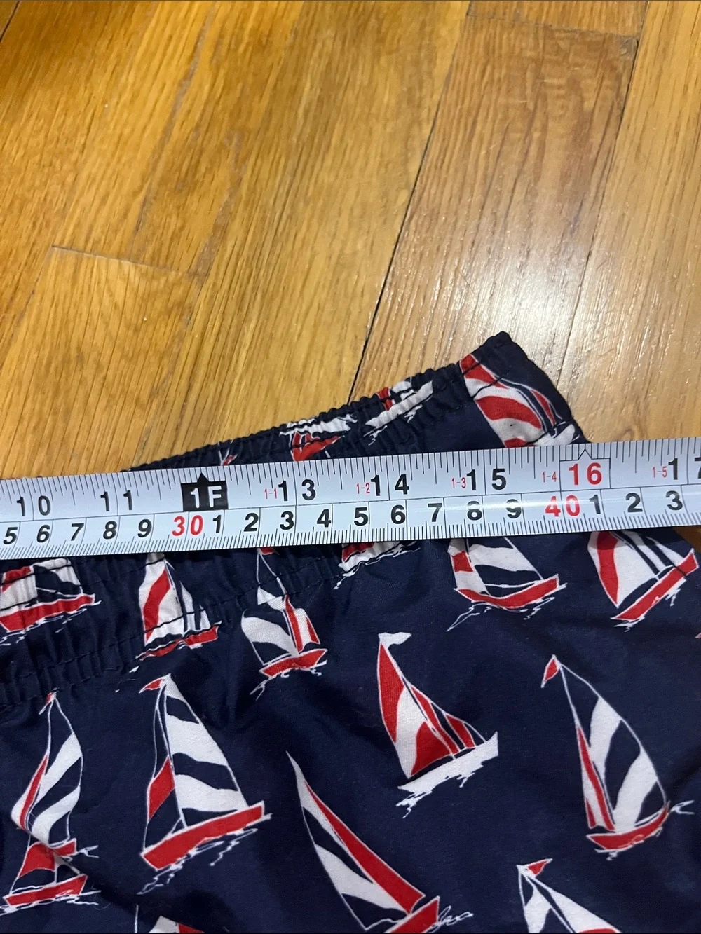 Men's Navy Sailboat Swim Trunks with Drawstring Waist